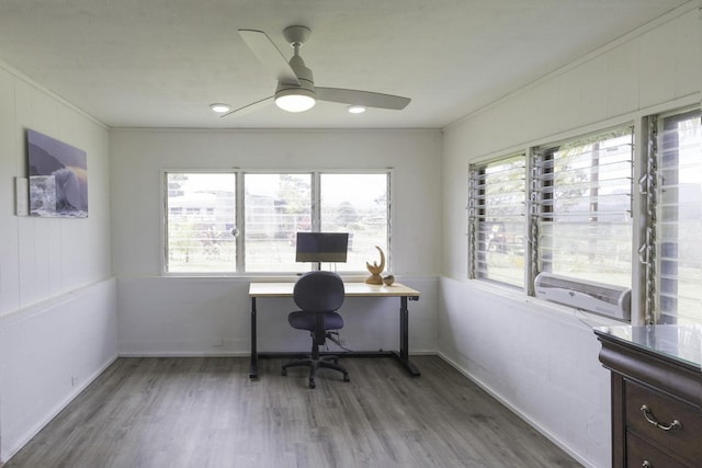 5114 Annie Rd Unit 1, Kapaa, HI 96746 - office area featuring ornamental molding, ceiling fan, wood finished floors, and plenty of natural light
