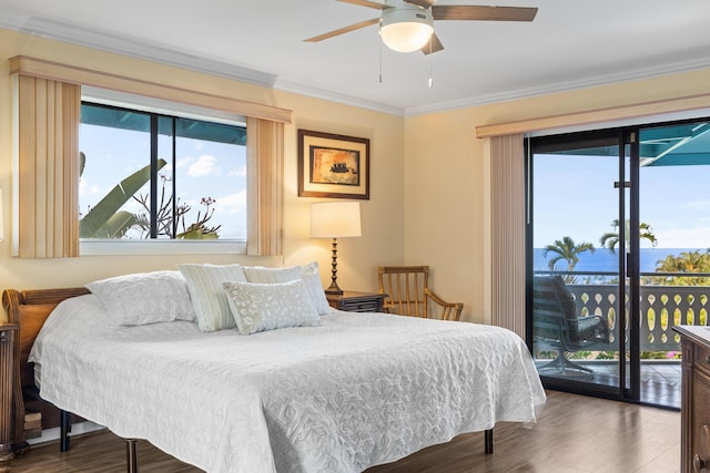 76-6302 Leone St, Kailua-Kona, HI 96740 - bedroom with access to outside, wood finished floors, ornamental molding, and ceiling fan