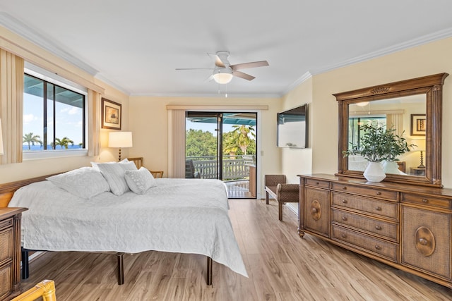 76-6302 Leone St, Kailua-Kona, HI 96740 - bedroom with access to exterior, crown molding, wood finished floors, and ceiling fan