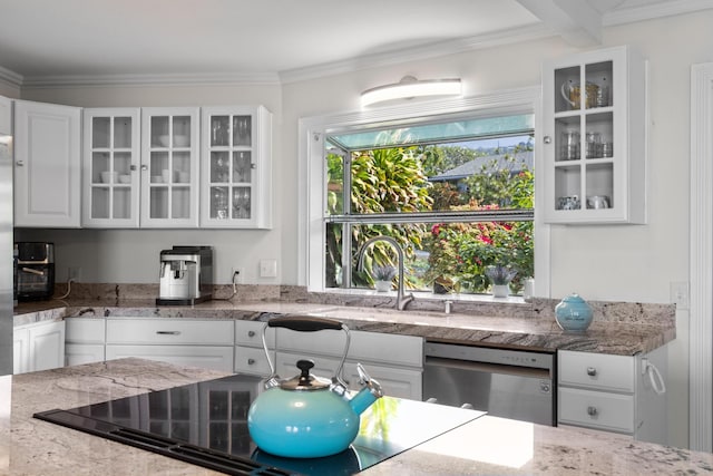 76-6302 Leone St, Kailua-Kona, HI 96740 - kitchen with dishwasher, white cabinets, glass insert cabinets, light stone countertops, and ornamental molding