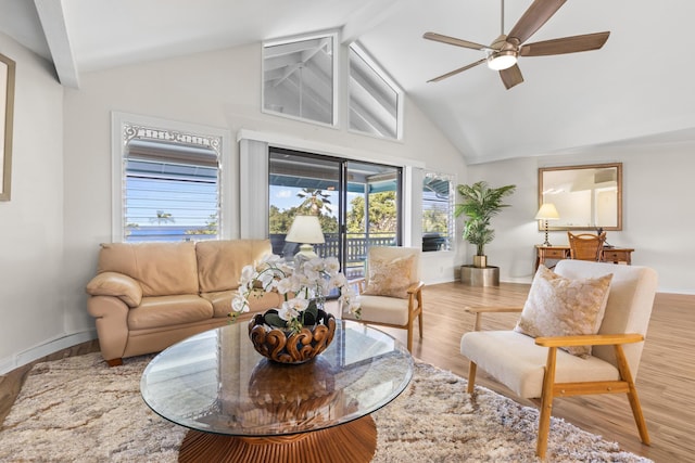 76-6302 Leone St, Kailua-Kona, HI 96740 - living area with wood finished floors, a ceiling fan, high vaulted ceiling, baseboards, and beam ceiling