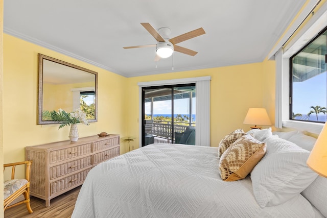 76-6302 Leone St, Kailua-Kona, HI 96740 - bedroom featuring access to outside, wood finished floors, ornamental molding, and a ceiling fan