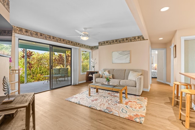 76-6302 Leone St, Kailua-Kona, HI 96740 - living room with ceiling fan, baseboards, wood finished floors, and recessed lighting