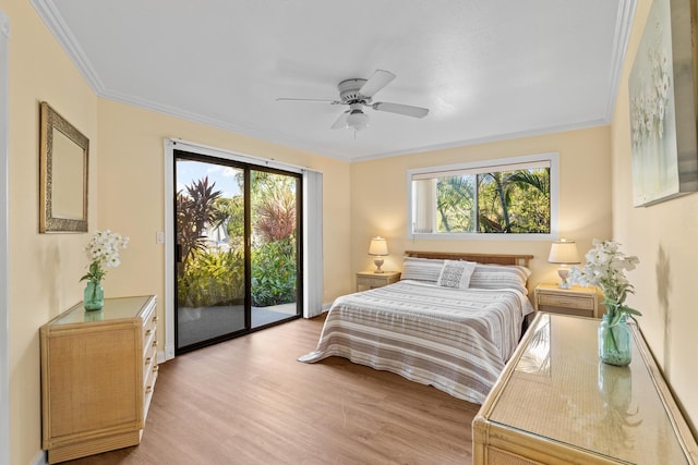 76-6302 Leone St, Kailua-Kona, HI 96740 - bedroom featuring access to exterior, multiple windows, light wood-style flooring, crown molding, and a ceiling fan