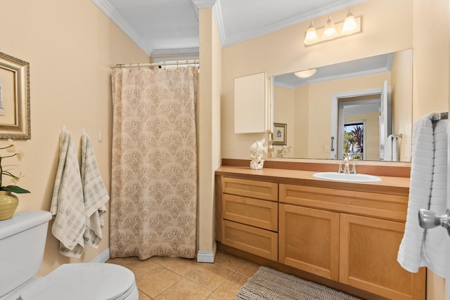 76-6302 Leone St, Kailua-Kona, HI 96740 - full bathroom featuring toilet, vanity, ornamental molding, tile patterned flooring, and a shower with shower curtain