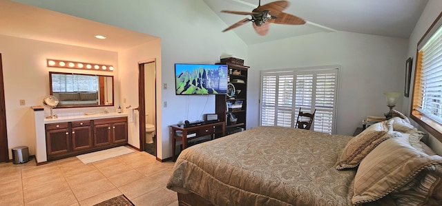 5359 Pau A Laka St, Koloa, HI 96756 - bedroom featuring light tile patterned flooring, connected bathroom, a ceiling fan, high vaulted ceiling, and recessed lighting