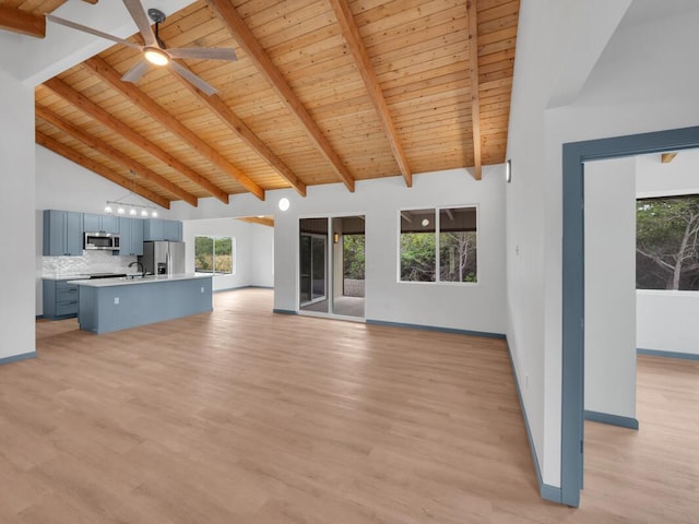 94-1679 Kaulua St, Naalehu, HI 96772 - unfurnished living room featuring wooden ceiling with exposed beams, a ceiling fan, light wood-style flooring, healthy amount of natural light, and high vaulted ceiling