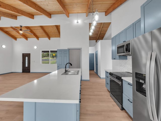 94-1679 Kaulua St, Naalehu, HI 96772 - kitchen with stainless steel appliances, a sink, wood ceiling with exposed beams, blue cabinets, and light wood finished floors