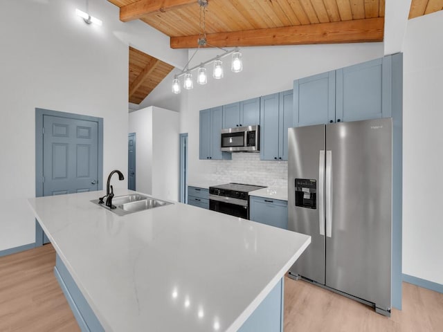 94-1679 Kaulua St, Naalehu, HI 96772 - kitchen featuring stainless steel appliances, a sink, wood ceiling, light wood finished floors, and blue cabinetry