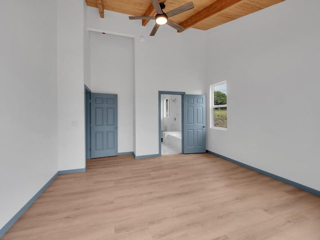 94-1679 Kaulua St, Naalehu, HI 96772 - unfurnished room with wood ceiling with exposed beams, a high ceiling, ceiling fan, baseboards, and light wood-style flooring