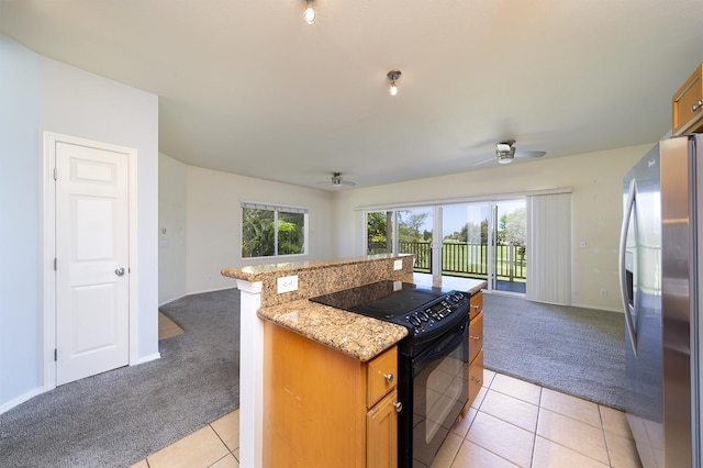 68-3868 Paniolo Ave Unit A201, Waikoloa, HI 96738 - kitchen with stainless steel fridge with ice dispenser, black / electric stove, light colored carpet, open floor plan, and a ceiling fan