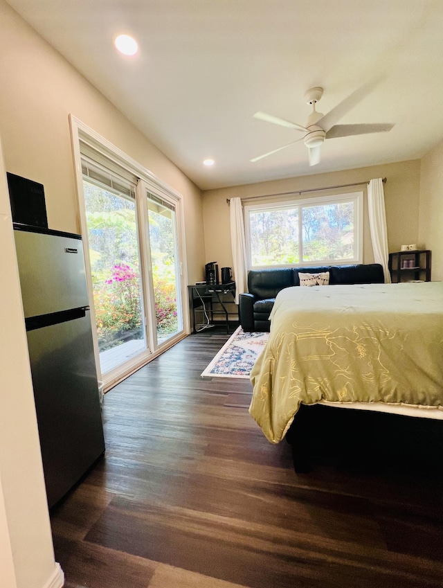 11-3795 2nd St, Volcano, HI 96785 - bedroom featuring freestanding refrigerator, access to exterior, wood finished floors, recessed lighting, and a ceiling fan
