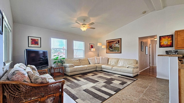 94-6663 Kamaoa Rd, Naalehu, HI 96772 - tiled living room featuring a ceiling fan and baseboards