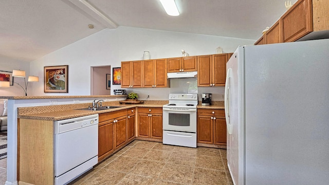 94-6663 Kamaoa Rd, Naalehu, HI 96772 - kitchen featuring white appliances, a sink, under cabinet range hood, and brown cabinetry