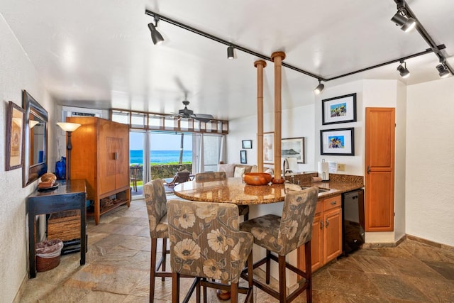 75-5888 Alii Dr Unit A4, Kailua-Kona, HI 96740 - dining area with rail lighting, stone tile flooring, a ceiling fan, and baseboards