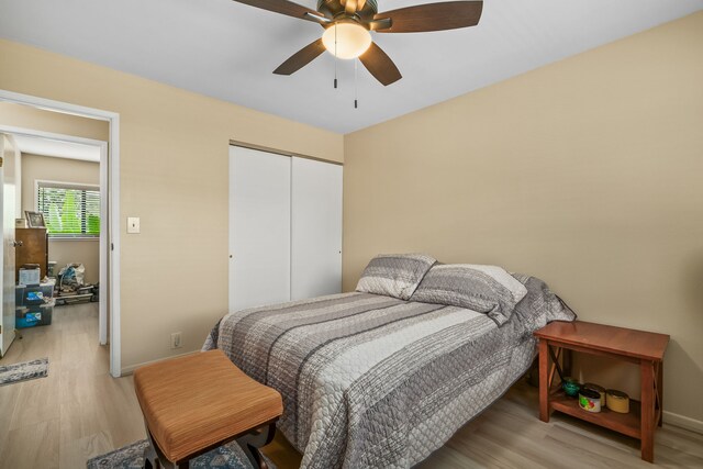 4720 Menehune Rd, Waimea, HI 96796 - bedroom featuring light wood-style floors, a closet, and a ceiling fan