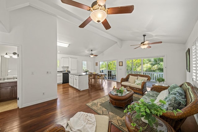 15-1663 Beach Rd, Keaau, HI 96749 - living area with a ceiling fan, dark wood-type flooring, and healthy amount of natural light