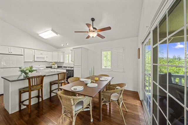 15-1663 Beach Rd, Keaau, HI 96749 - dining room with lofted ceiling, dark wood-style flooring, ceiling fan, and baseboards