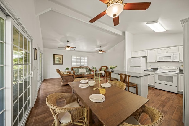 15-1663 Beach Rd, Keaau, HI 96749 - dining space featuring a ceiling fan, wood finished floors, beam ceiling, and high vaulted ceiling
