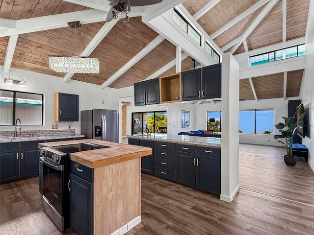 87-2814 Hawaii Belt Rd, Captain Cook, HI 96704 - kitchen with a sink, stainless steel fridge with ice dispenser, electric range, butcher block countertops, and a kitchen island