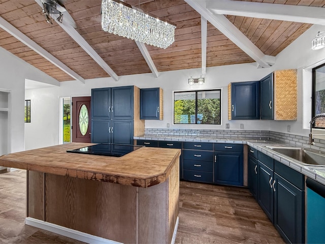 87-2814 Hawaii Belt Rd, Captain Cook, HI 96704 - kitchen featuring a sink, black electric stovetop, blue cabinets, wooden ceiling, and dishwasher