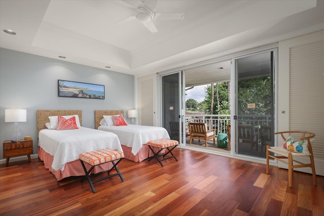 68-1375 Pauoa Rd Unit M4, Kamuela, HI 96743 - bedroom with access to outside, wood finished floors, a tray ceiling, and ceiling fan