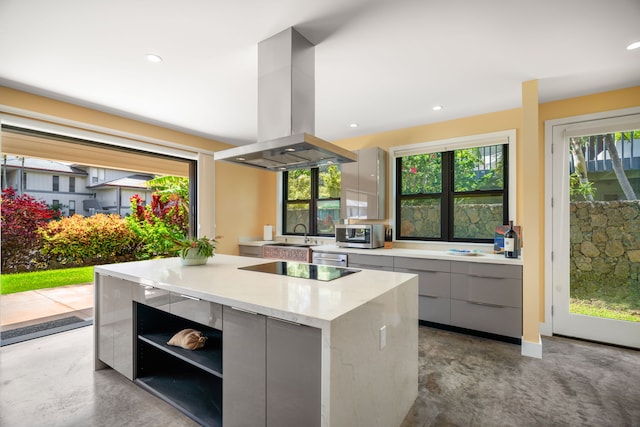 1647 Kelaukia St, Koloa, HI 96756 - kitchen featuring modern cabinets, island range hood, gray cabinetry, stainless steel appliances, and finished concrete floors