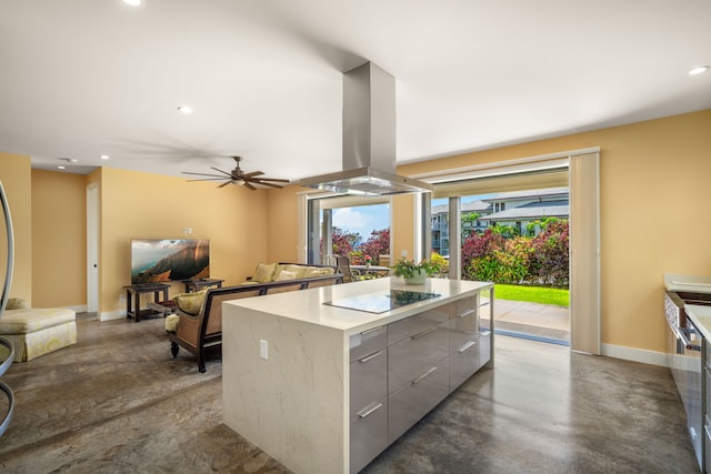 1647 Kelaukia St, Koloa, HI 96756 - kitchen with finished concrete flooring, modern cabinets, island range hood, a center island, and recessed lighting