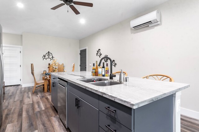 75-5726 Lamaokeola St, Kailua-Kona, HI 96740 - kitchen featuring a sink, a wall unit AC, an island with sink, stainless steel dishwasher, and dark wood-style floors