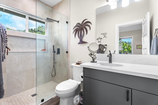 75-5726 Lamaokeola St, Kailua-Kona, HI 96740 - bathroom with vanity, a shower stall, toilet, and wood finished floors
