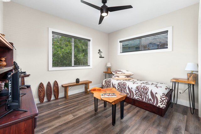 75-5726 Lamaokeola St, Kailua-Kona, HI 96740 - bedroom featuring multiple windows, wood finished floors, baseboards, and ceiling fan