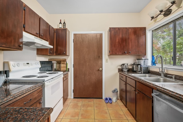 4724 Menehune Rd, Waimea, HI 96796 - kitchen featuring white electric range, stainless steel dishwasher, under cabinet range hood, dark countertops, and light tile patterned floors
