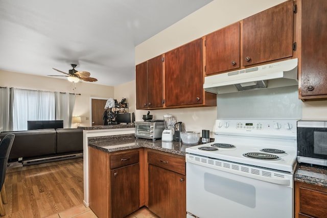 4724 Menehune Rd, Waimea, HI 96796 - kitchen with white range with electric stovetop, under cabinet range hood, a peninsula, ceiling fan, and open floor plan