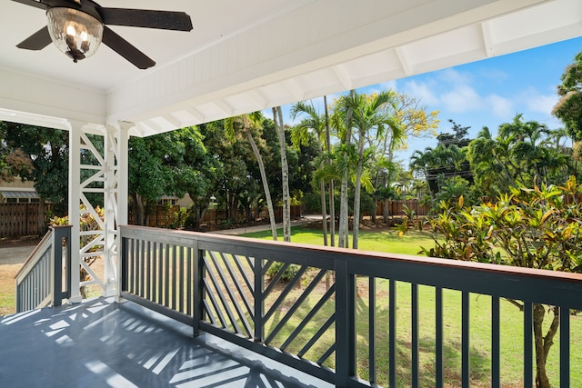 3018 Poipu Rd, Koloa, HI 96756 - wooden terrace featuring a ceiling fan and a lawn