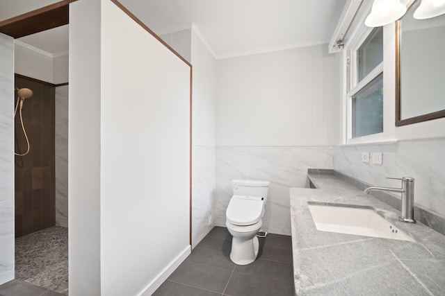 3018 Poipu Rd, Koloa, HI 96756 - bathroom featuring crown molding, tiled shower, toilet, tile patterned flooring, and double vanity