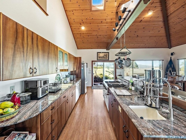 47-5254 Waikoekoe Ln, Honokaa, HI 96727 - kitchen with freestanding refrigerator, light wood-type flooring, wood ceiling with exposed beams, a large island, and a sink