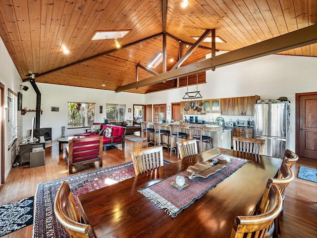 47-5254 Waikoekoe Ln, Honokaa, HI 96727 - dining area featuring wood ceiling with exposed beams, a wood stove, high vaulted ceiling, and wood finished floors