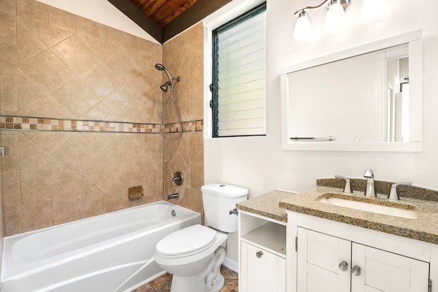 77-301 Noelani Way Unit 36, Kailua-Kona, HI 96740 - bathroom featuring vanity, tub / shower combination, toilet, vaulted ceiling, and wood ceiling
