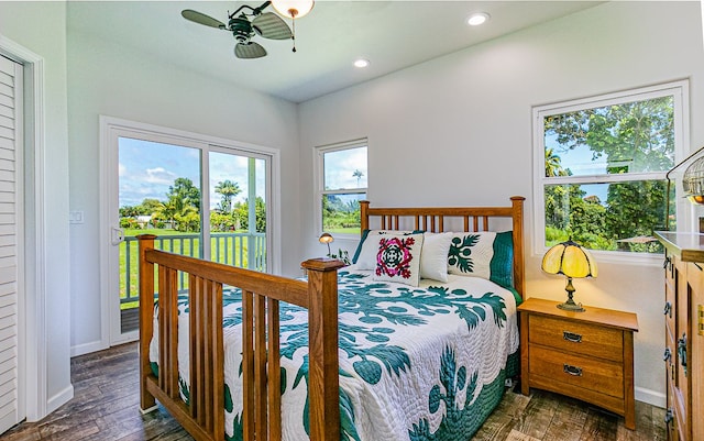 28-387 Kulaimano Rd, Pepeekeo, HI 96783 - bedroom with access to exterior, wood finished floors, baseboards, recessed lighting, and ceiling fan