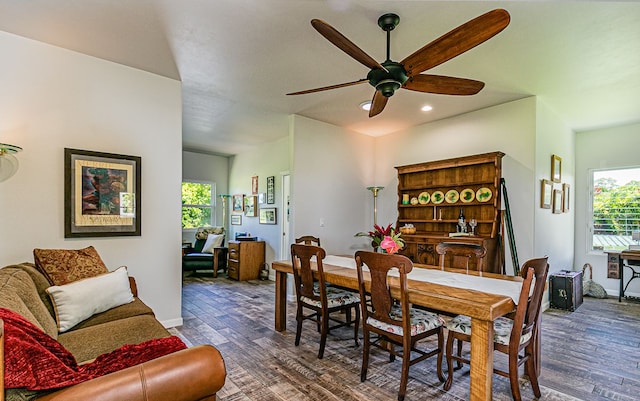 28-387 Kulaimano Rd, Pepeekeo, HI 96783 - dining space with healthy amount of natural light, a ceiling fan, wood finished floors, recessed lighting, and baseboards