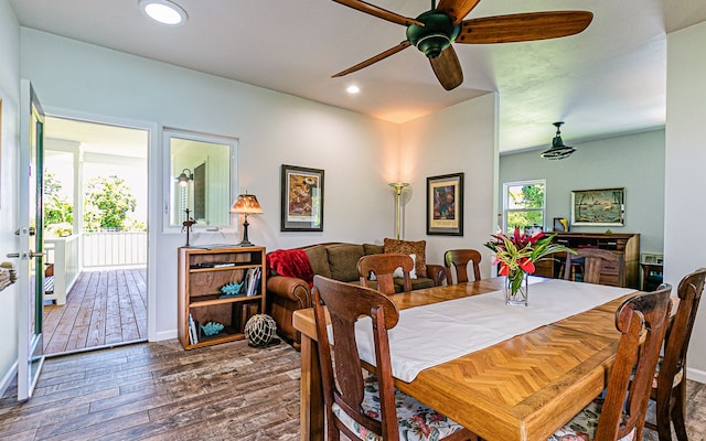 28-387 Kulaimano Rd, Pepeekeo, HI 96783 - dining room with wood-type flooring, a ceiling fan, recessed lighting, and baseboards