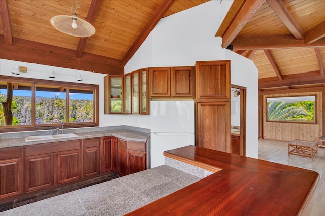 12-7158 Loke Pl, Pahoa, HI 96778 - kitchen with freestanding refrigerator, wooden ceiling with exposed beams, a sink, wood finished floors, and plenty of natural light