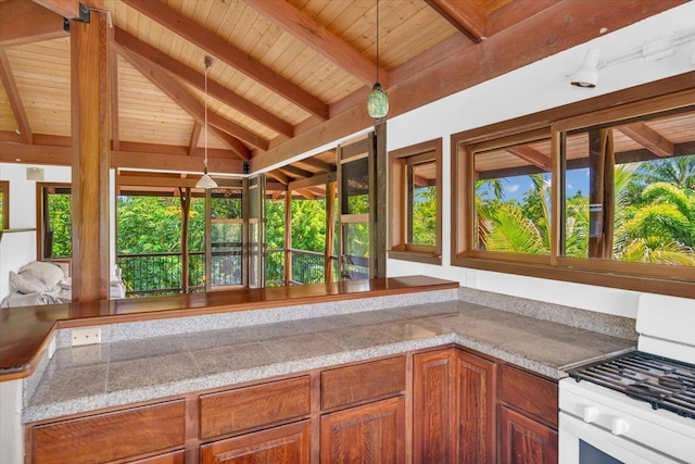 12-7158 Loke Pl, Pahoa, HI 96778 - kitchen with white gas range, wood ceiling, brown cabinets, and hanging light fixtures