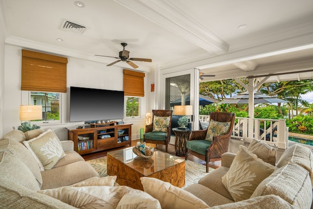 5145 Lau Nahele St, Koloa, HI 96756 - living area featuring ceiling fan, healthy amount of natural light, wood finished floors, ornamental molding, and beam ceiling