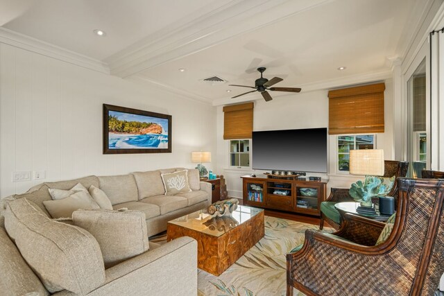 5145 Lau Nahele St, Koloa, HI 96756 - living area featuring ornamental molding, ceiling fan, recessed lighting, beamed ceiling, and light wood-style floors