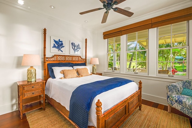 5145 Lau Nahele St, Koloa, HI 96756 - bedroom featuring baseboards, wood finished floors, crown molding, ceiling fan, and recessed lighting