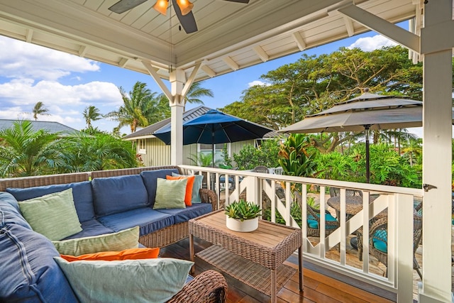 5145 Lau Nahele St, Koloa, HI 96756 - wooden deck featuring an outdoor living space and ceiling fan