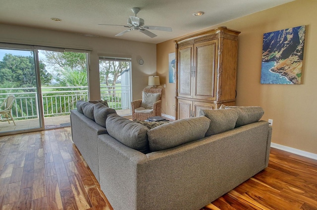 5250 Ka Haku Rd Unit 523, Princeville, HI 96722 - living room featuring baseboards, wood-type flooring, a ceiling fan, and recessed lighting