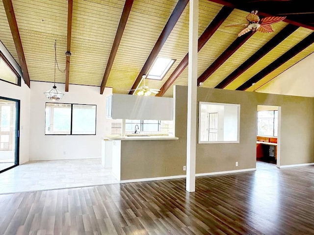 94-5826 Aouli Pl, Naalehu, HI 96772 - unfurnished living room with wood finished floors, high vaulted ceiling, baseboards, wood ceiling with exposed beams, and a sink
