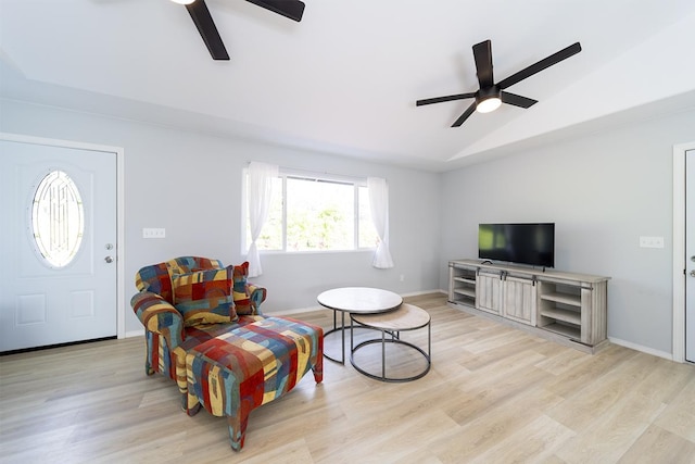 15-2806 Manalo St, Pahoa, HI 96778 - living room with a ceiling fan, light wood-type flooring, vaulted ceiling, and baseboards